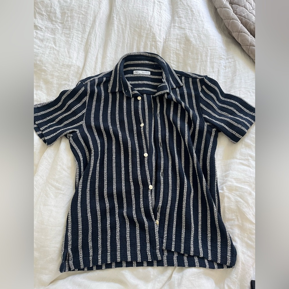 Zara Navy White Striped Short Sleeve Shirt Men's